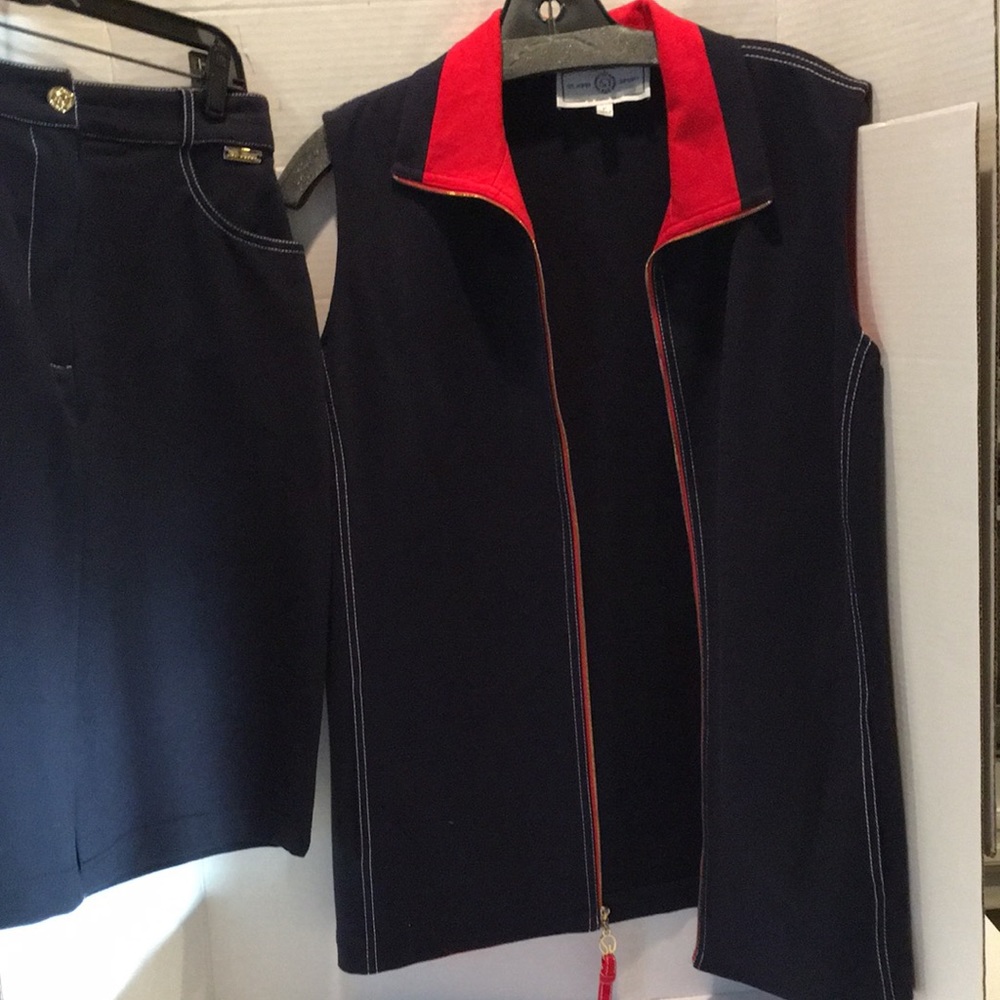 $2500 ST JOHN SPORTS SET Sz P Navy Blue & Red & White Threads Trim! Skt 22”L